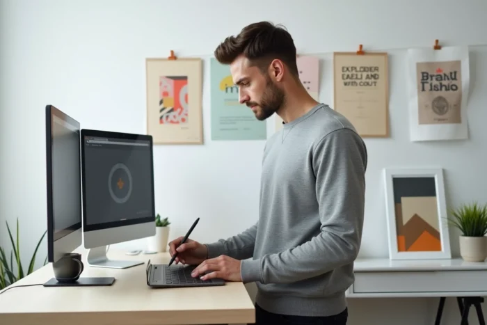 Designer freelance créant du contenu visuel innovant pour une campagne de communication digitale