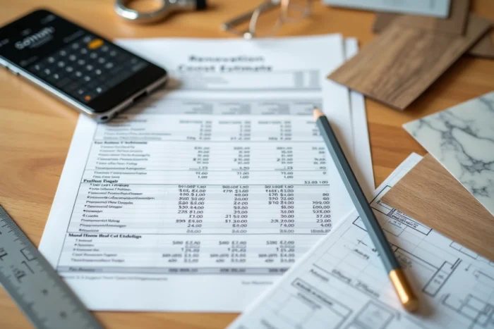 Documents de devis d'architecte avec matériaux de rénovation et outils de calcul de coûts sur un bureau
