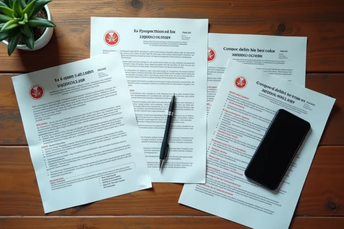 Vue aérienne de documents administratifs officiels et frauduleux de créances publiques posés sur un bureau en bois avec annotations manuscrites