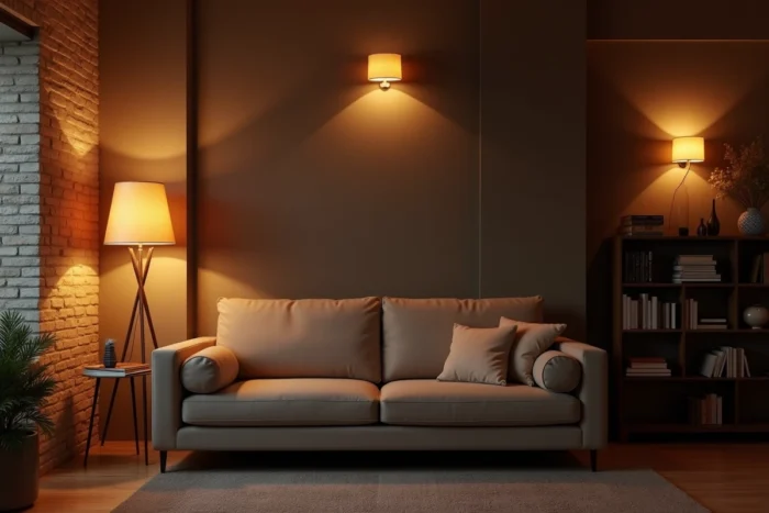 Salon avec éclairage en strates composé d'un lampadaire, d'une lampe de table et d'appliques murales indépendantes créant une ambiance douce et homogène