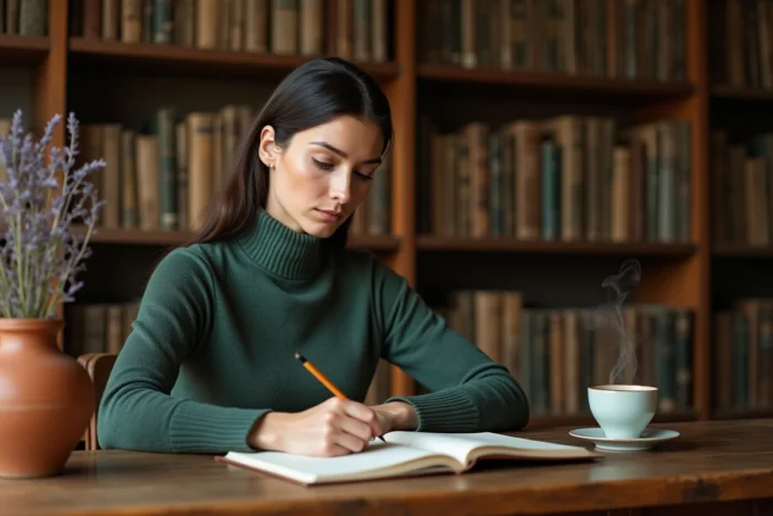 Femme écrivant dans un journal intime dans une bibliothèque chaleureuse pour illustrer les mots et expressions qui apportent calme et sérénité
