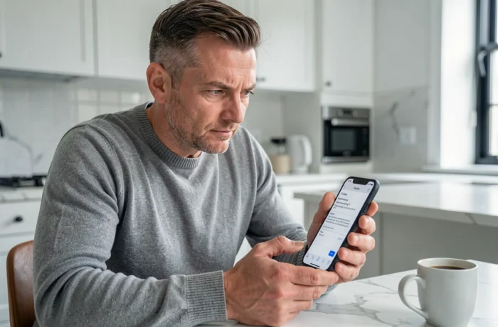 Homme envoyant un email au service client Cetelem depuis son smartphone dans sa cuisine