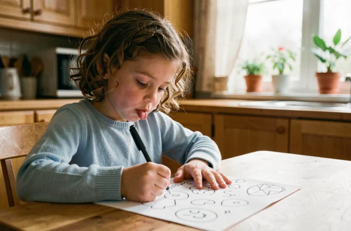 Jeune fille concentrée en train de dessiner des formes créatives sur une feuille blanche avec un stylo noir à la table de cuisine