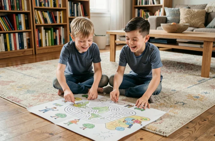 Deux garçons assis sur le sol du salon riant ensemble en créant un jeu de dessin collaboratif sur une grande feuille de papier