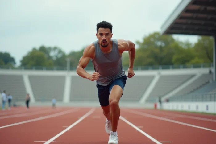 Athlète en entraînement fractionné haute intensité sur piste d'athlétisme pour booster la VO2 Max