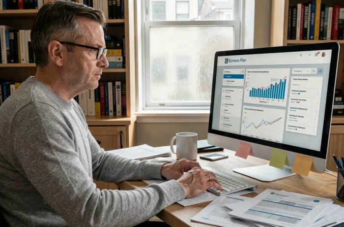 Homme entrepreneur travaillant depuis son bureau à domicile sur les dernières tendances de la plateforme Bizness Plan
