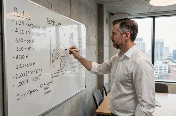 Entrepreneur expliquant une stratégie d'optimisation de budget publicitaire digital sur tableau blanc en salle de réunion