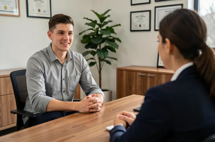 Jeune homme en entretien d'embauche après un Bac+2, illustrant les opportunités sur le marché du travail pour les titulaires d'un BTS ou DUT