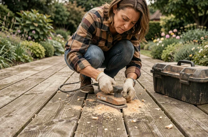 Femme ponçant une terrasse en bois extérieure pour l'entretien et la rénovation du jardin