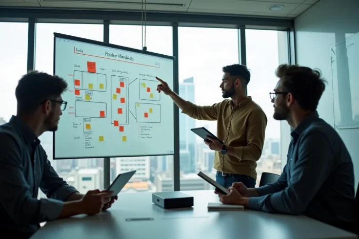Équipe créative collaborant sur une stratégie de communication digitale innovante en salle de réunion