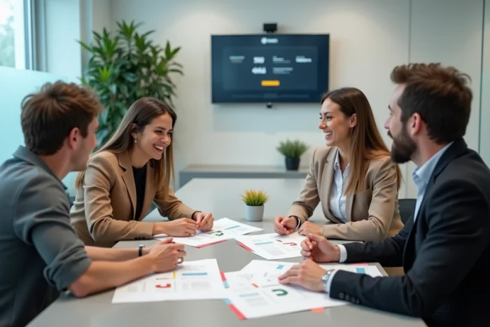 Équipe de professionnels en réunion autour de maquettes de signalétique et documents de rebranding pour le nouveau nom de Batiav