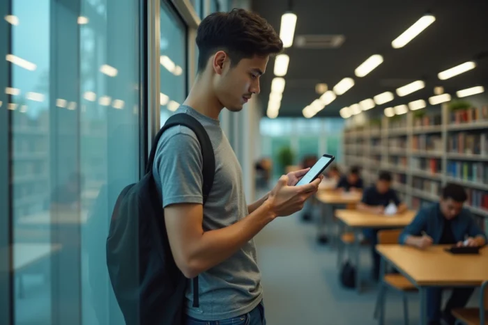Étudiant debout dans une bibliothèque universitaire configurant son adresse mail sur son téléphone Android