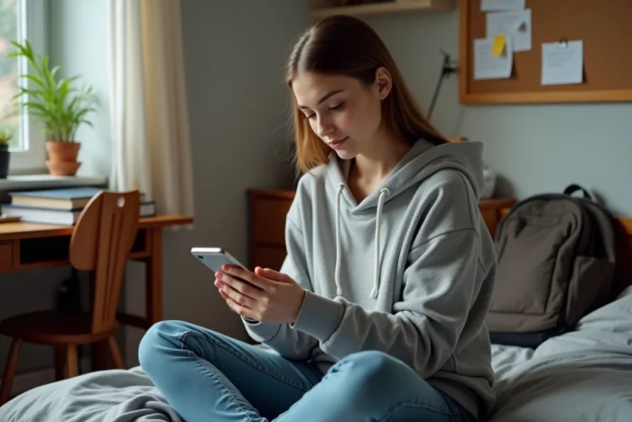 Étudiante configurant son mail universitaire sur smartphone dans sa chambre de résidence universitaire