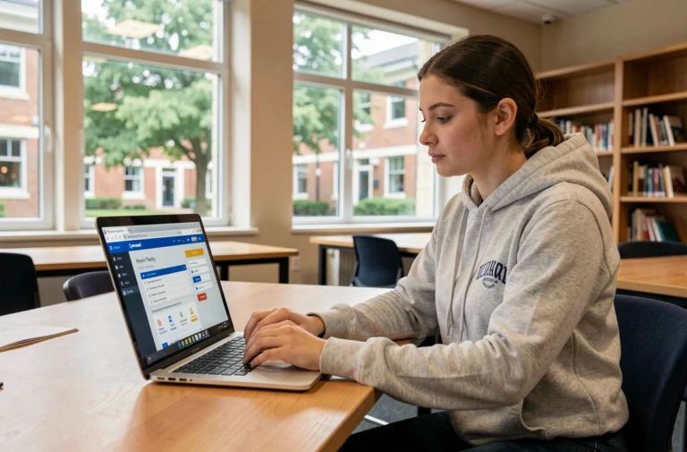 Étudiante connectée à sa messagerie universitaire Horde SupAgro Montpellier depuis un espace de travail moderne