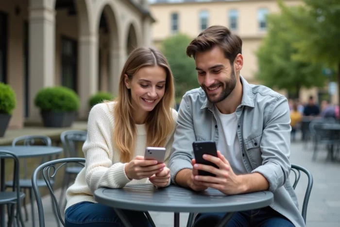 Deux étudiants s'entraidant pour configurer un mail universitaire sur leurs smartphones en terrasse de campus