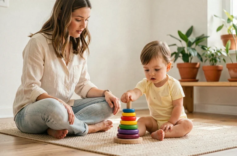Mère assise sur le sol avec son bébé qui joue avec des anneaux en bois colorés, favorisant l'éveil sensoriel au quotidien