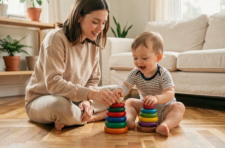 Mère et jeune enfant jouant avec des jouets en bois colorés sur un parquet en bois dans un salon chaleureux