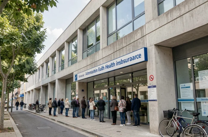 Façade extérieure d'une agence CPAM à Montpellier avec file d'attente devant l'entrée