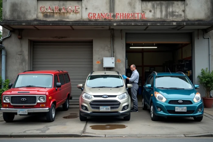 Façade d'un garage automobile indépendant avec des voitures garées devant et un mécanicien à l'entrée