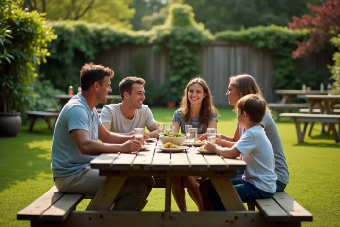 Famille de quatre personnes partageant un repas convivial en extérieur dans un jardin verdoyant, moment de bonheur familial authentique
