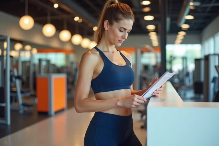 Femme en tenue de sport consultant un guide d'abonnement Basic Fit à l'accueil d'une salle de fitness moderne