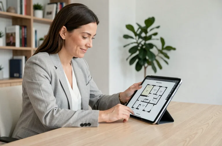 Femme consultant un plan immobilier sur tablette depuis son bureau à domicile avec une agence en ligne