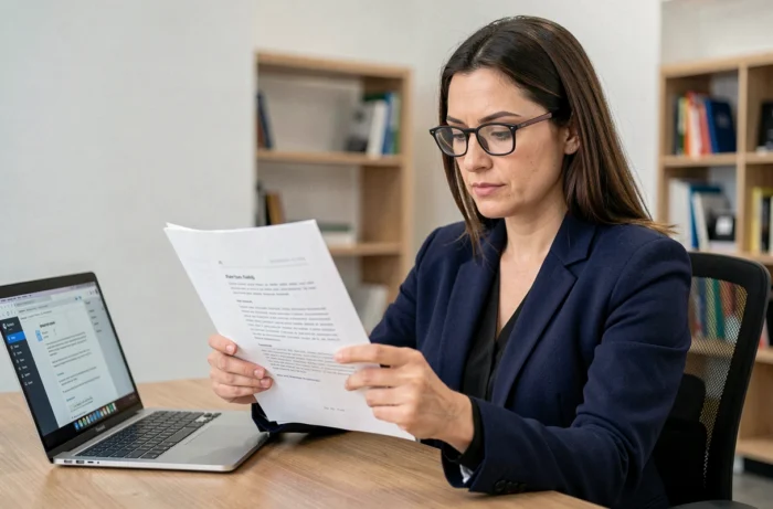 Femme professionnelle analysant un document PDF imprimé dans un bureau moderne, vérifiant la reconnaissance de texte OCR