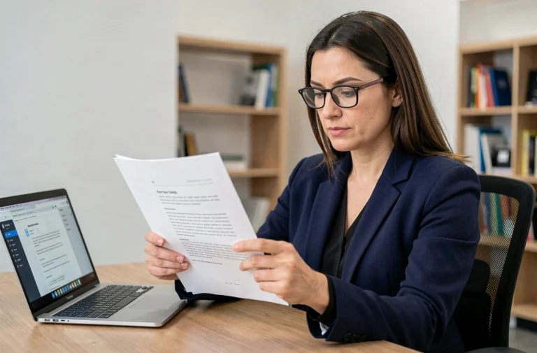 Femme professionnelle analysant un document PDF imprimé dans un bureau moderne, vérifiant la reconnaissance de texte OCR