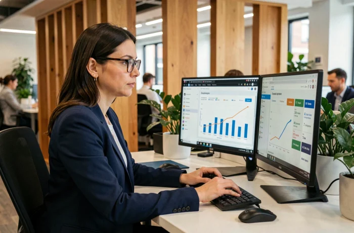 Femme analyste marketing consultant les statistiques et tarifs de publicités en ligne sur ordinateur dans un bureau moderne