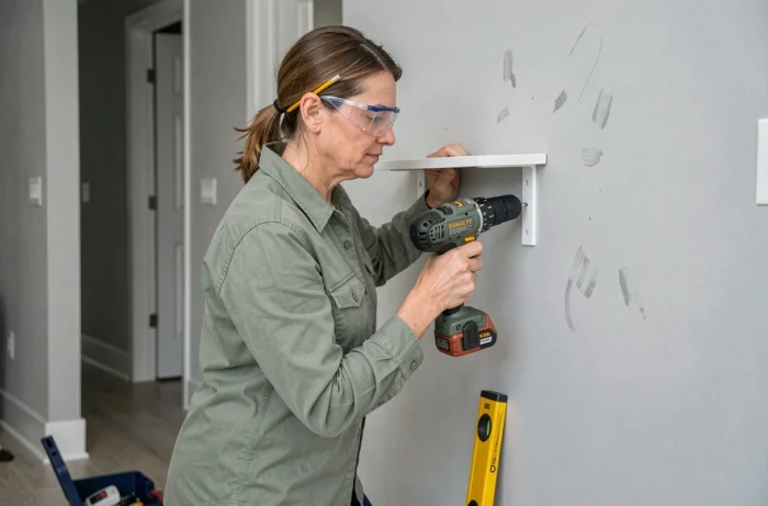 Femme bricolant l'installation d'une étagère murale avec une perceuse sans fil dans un couloir moderne