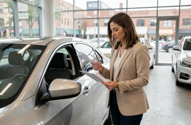 Femme examinant attentivement une voiture dans une concession automobile en tenant une liste de vérification