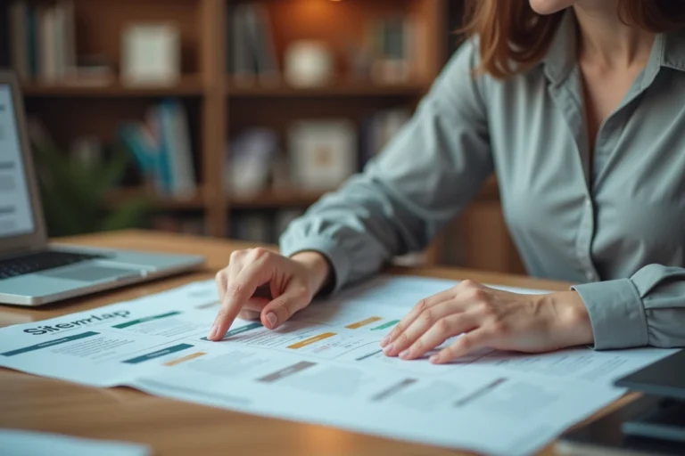 Femme consultant un plan de site imprimé sur un bureau en bois dans un bureau moderne