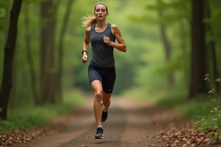 Femme qui court sur un sentier forestier pour améliorer sa VO2 Max et son endurance