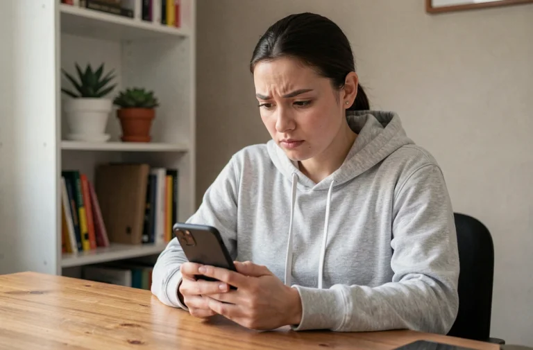 Jeune femme consultant les symboles Snapchat sur son smartphone dans un bureau à domicile cosy