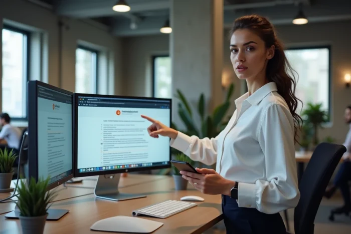 Une jeune femme en open space compare un email frauduleux de créances publiques avec le vrai site officiel des impôts sur deux écrans