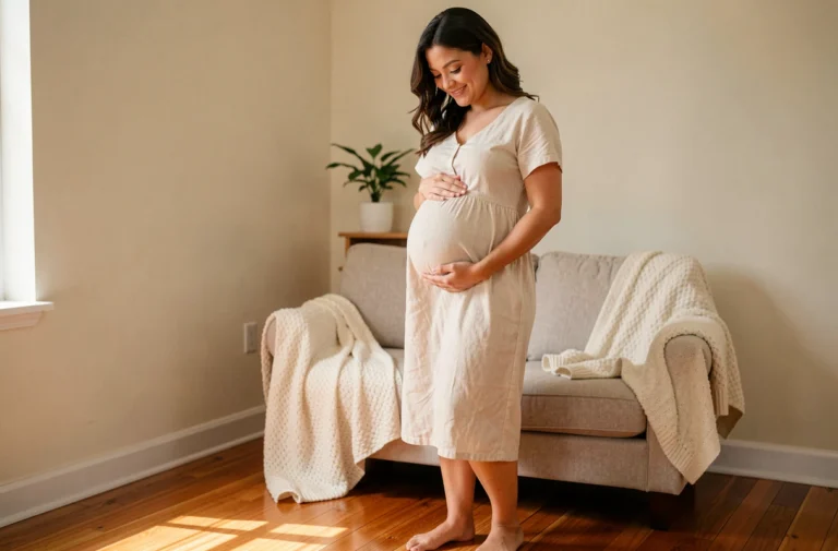 Femme enceinte souriante en robe lin crème caressant son ventre rond dans un salon chaleureux et naturel