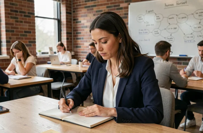Femme professionnelle prenant des notes lors d'une formation en entreprise dans un espace de coworking moderne