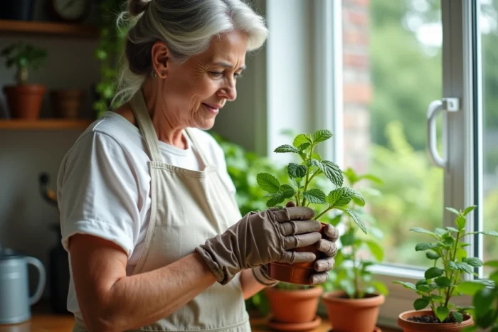 Femme jardinière inspectant une plante de menthe en pot avec des feuilles noircies sur un rebord de fenêtre de cuisine