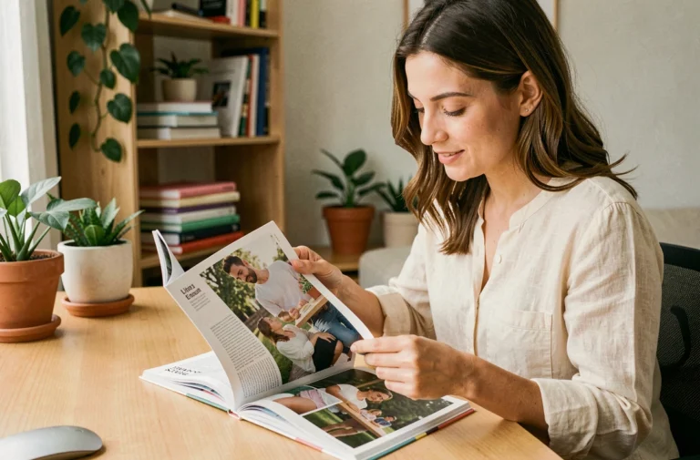 Femme parcourant les pages d'un magazine lifestyle varié dans un bureau cosy et inspirant