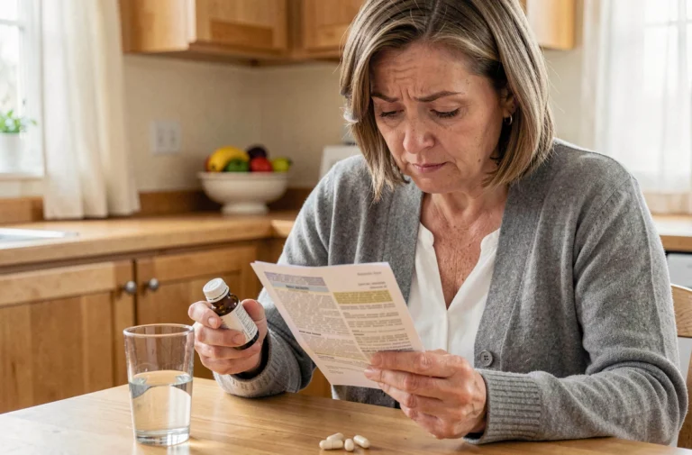 Femme lisant la notice d'un médicament Oxelio Protect à la table de sa cuisine
