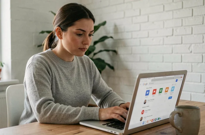 Femme utilisant un ordinateur portable pour explorer les paramètres d'un compte Google dans un bureau à domicile moderne