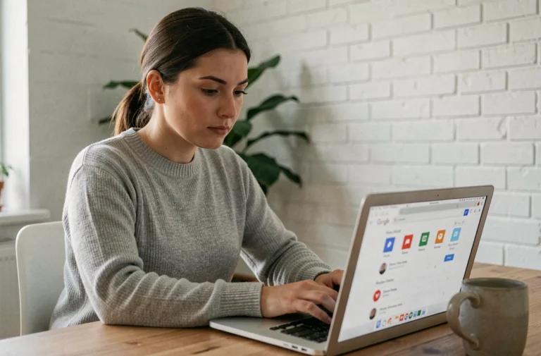 Femme utilisant un ordinateur portable pour explorer les paramètres d'un compte Google dans un bureau à domicile moderne