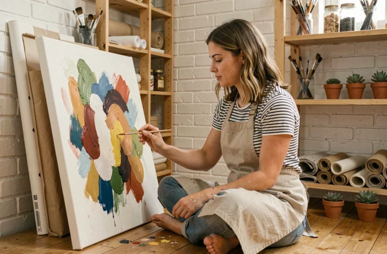 Femme adulte peignant une toile abstraite dans un atelier créatif en bois, loisir artistique tendance 2024