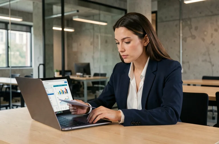Femme professionnelle analysant un business plan sur ordinateur portable dans un espace de coworking moderne