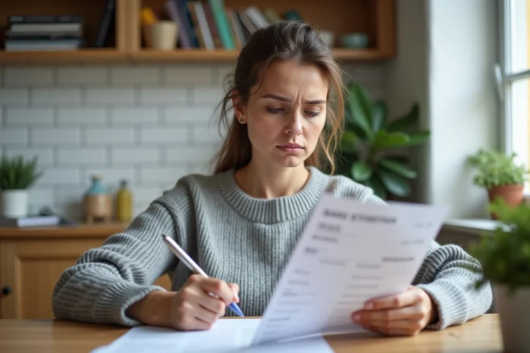 Femme consultant un relevé bancaire papier à la recherche d'un prélèvement inconnu de l'Imprimerie Nationale Paris