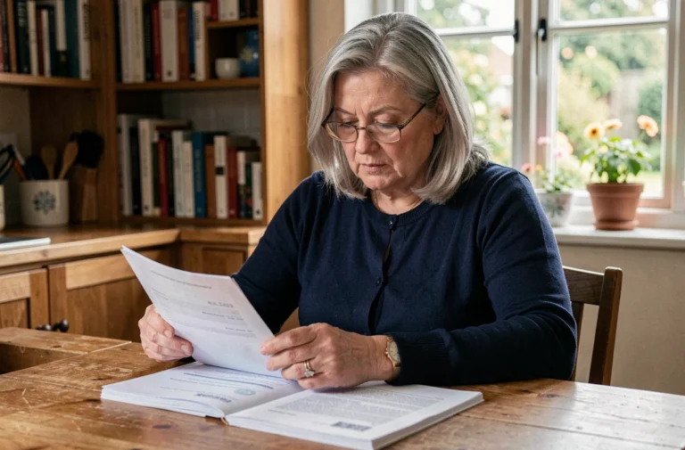 Femme à la retraite consultant ses documents administratifs à la table de cuisine