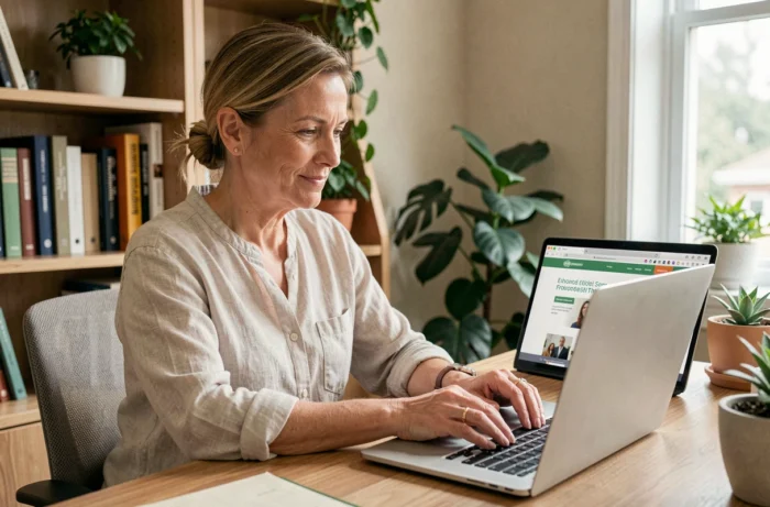 Femme utilisant les services en ligne de Libre d'Agir sur un ordinateur portable dans un bureau à domicile organisé