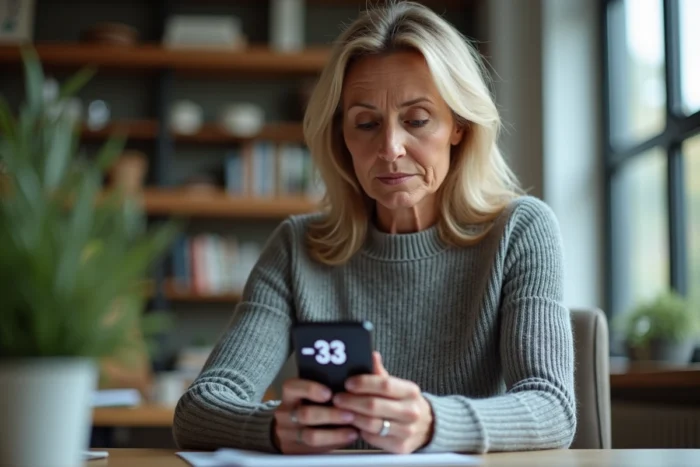 Femme regardant un numéro de téléphone français +33 sur son smartphone dans un bureau à domicile