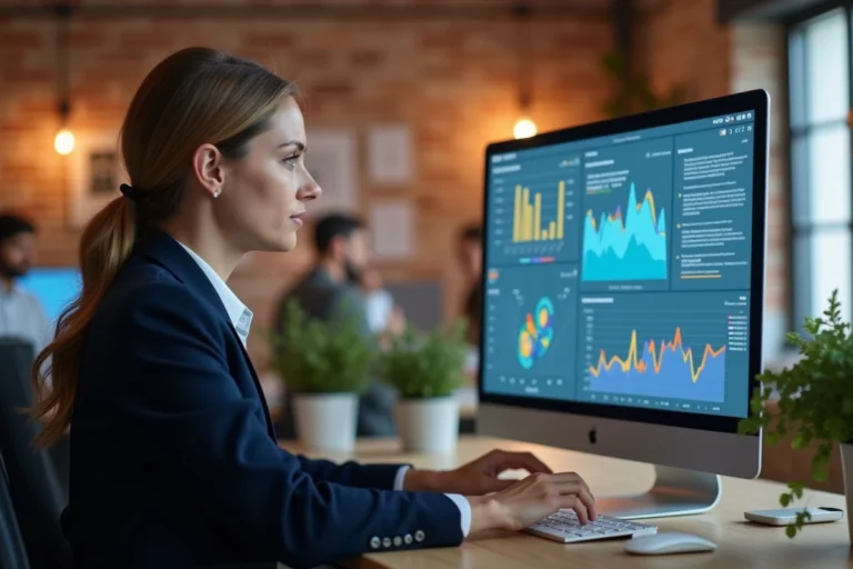 Femme travaillant sur une stratégie de communication digitale dans une agence créative moderne