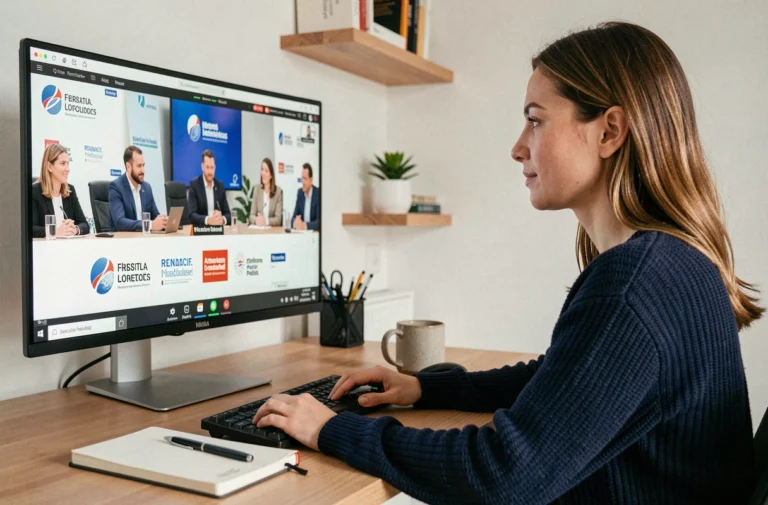 Femme suivant le Frenchy Event 2026 en ligne depuis son bureau à domicile